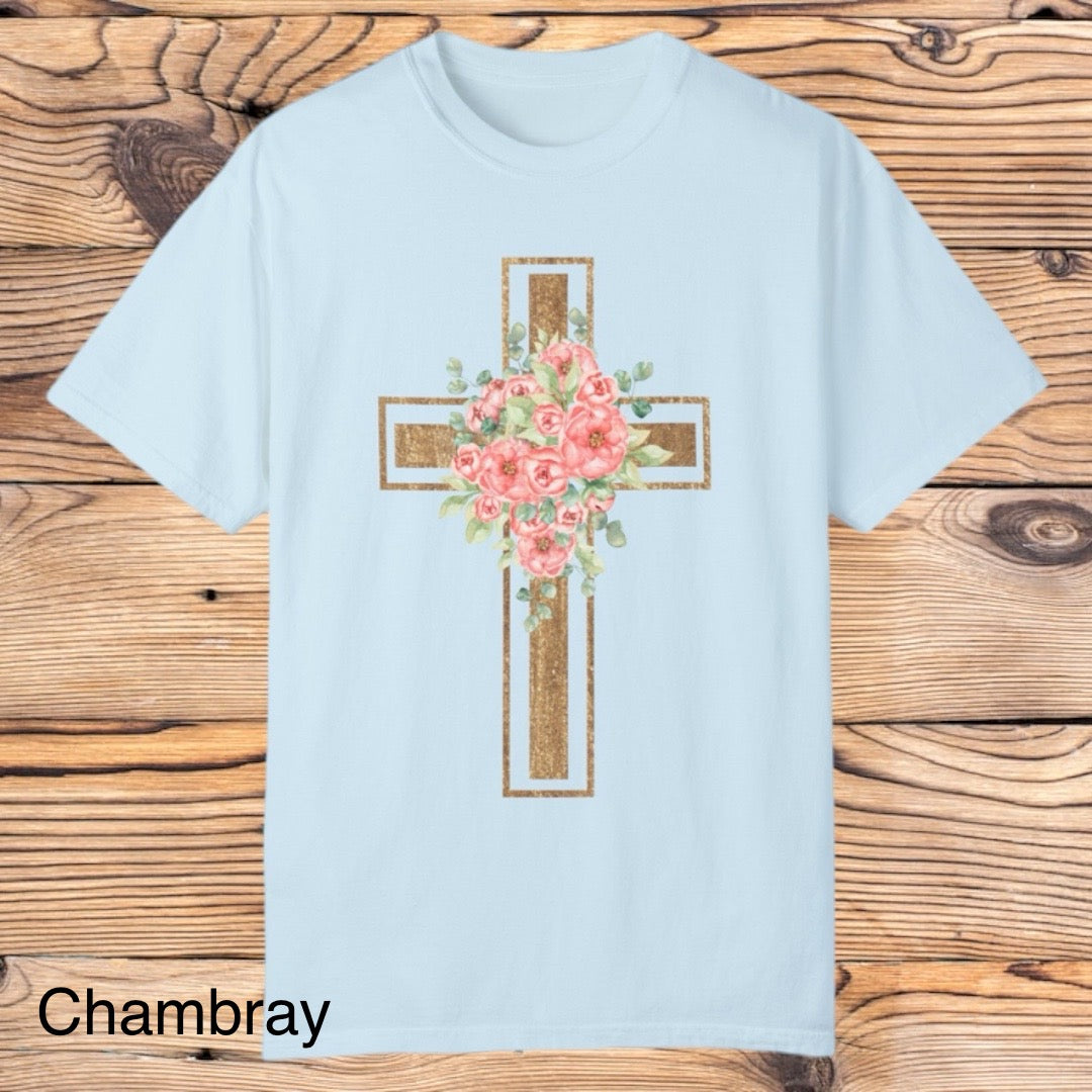 Gold Floral Cross Tee - Southern Obsession Co.