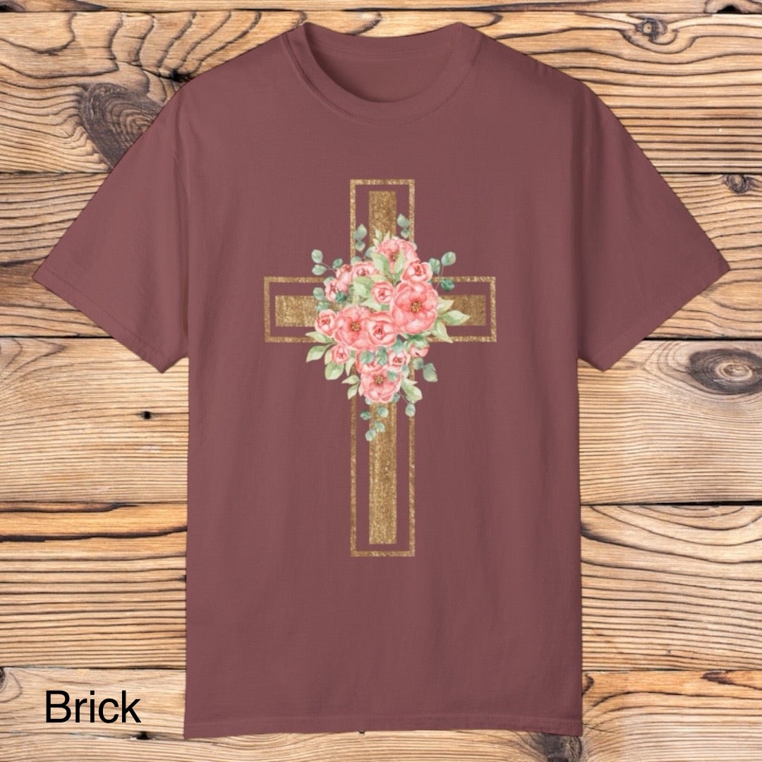 Gold Floral Cross Tee - Southern Obsession Co.