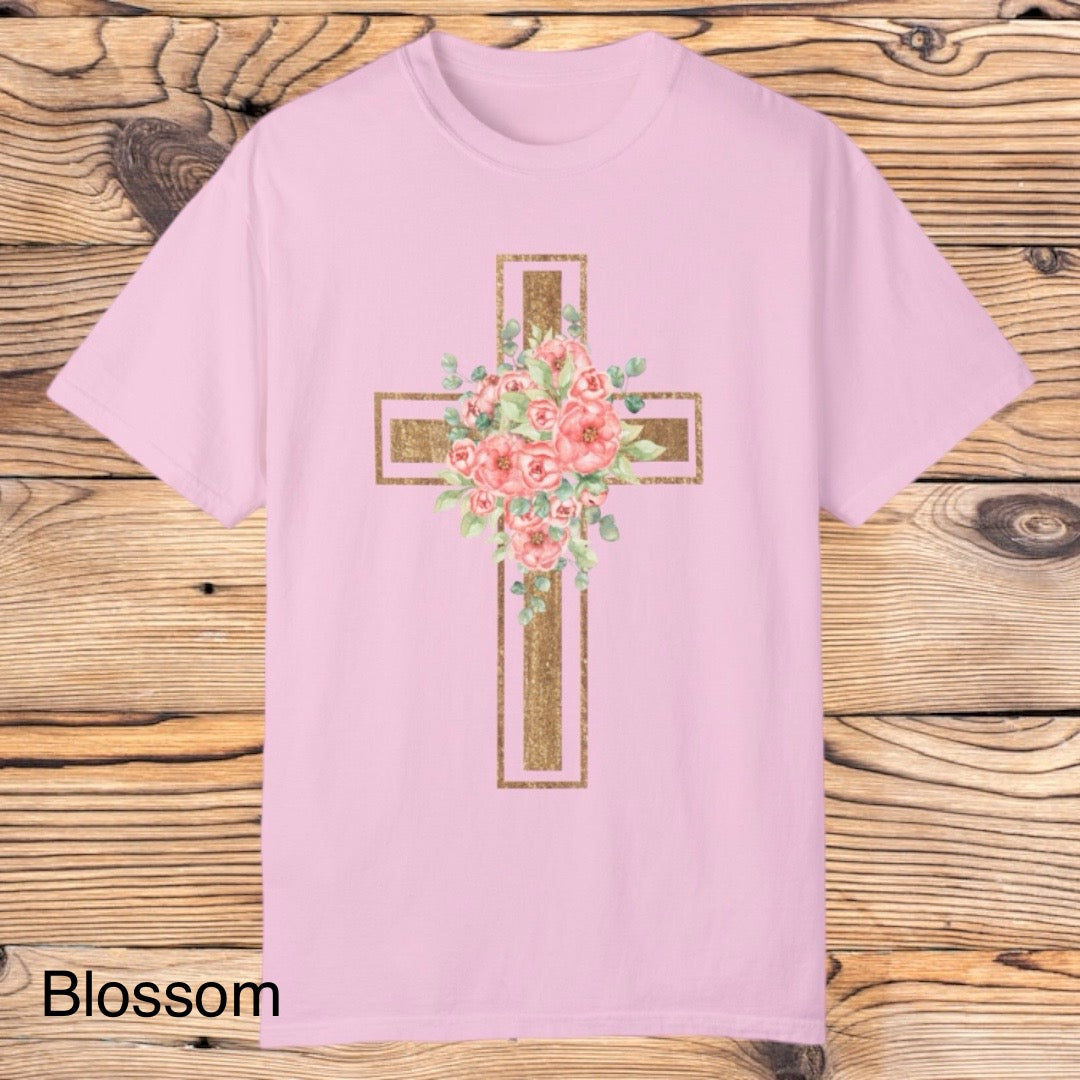 Gold Floral Cross Tee - Southern Obsession Co.