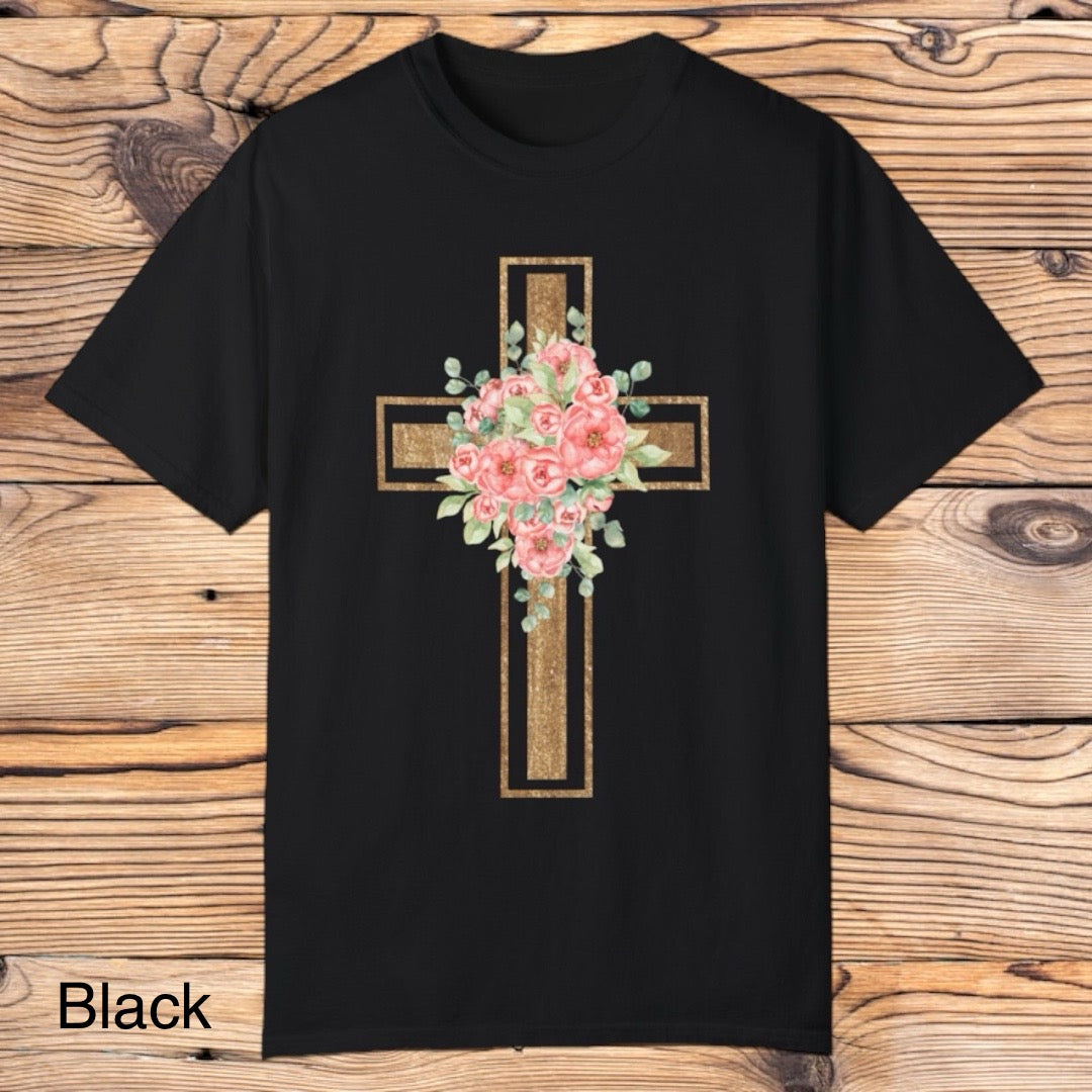 Gold Floral Cross Tee - Southern Obsession Co.