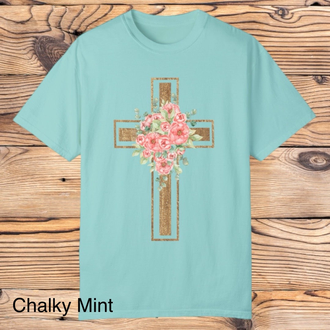 Gold Floral Cross Tee - Southern Obsession Co.