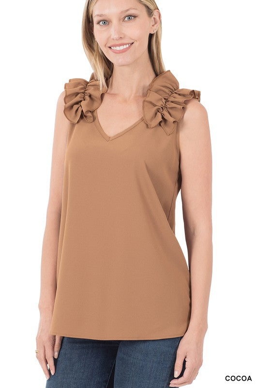 Woven Wool Dobby Ruffle Trim Sleeveless Top - Southern Obsession Co. 