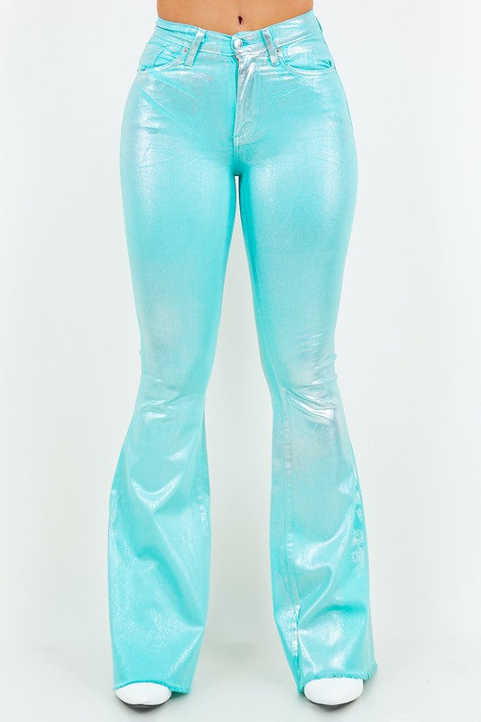 Metallic Bell Bottom Jean in Turquoise - Inseam 32 - Southern Obsession Co. 