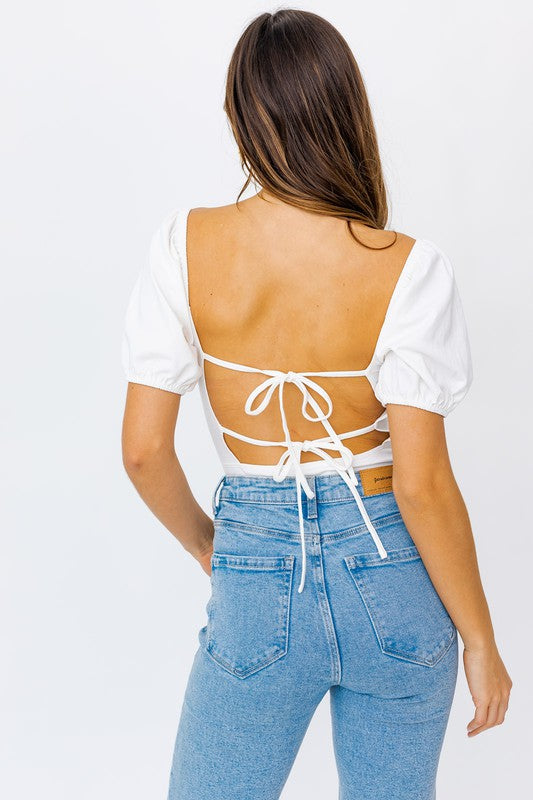 Balloon Elbow Sleeve Open Back Bodysuit - Southern Obsession Co. 