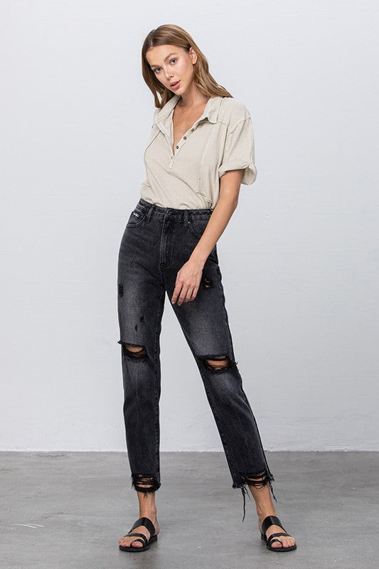 HIGH WAIST MOM FIT BLACK ANKLE JEANS - Southern Obsession Co. 