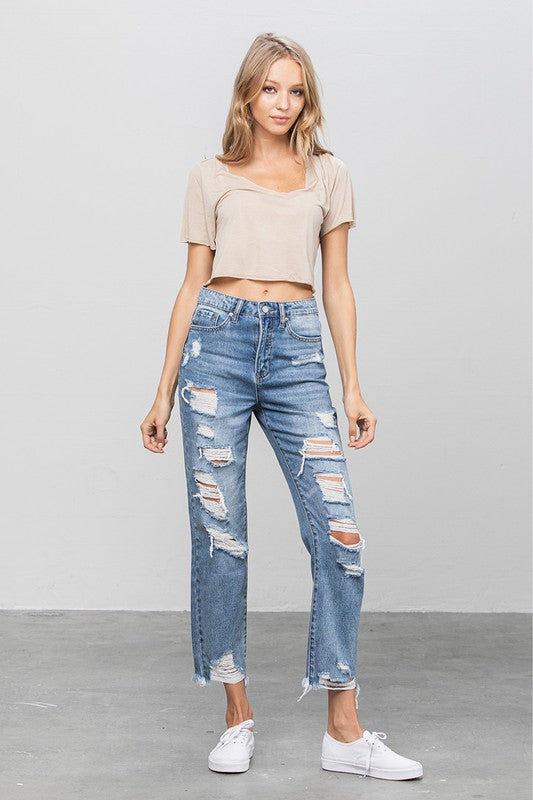 High Waist Ripped Raw Hem Girlfriend Jeans - Southern Obsession Co. 