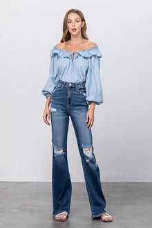  HIGH RISE FRAYED HEM FLARE JEANS - Southern Obsession Co. 