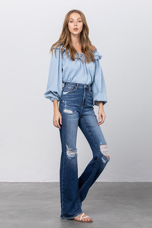 HIGH RISE FRAYED HEM FLARE JEANS - Southern Obsession Co. 