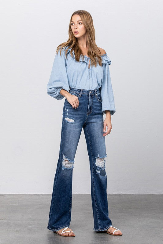 HIGH RISE FRAYED HEM FLARE JEANS - Southern Obsession Co. 