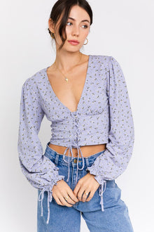  Puff Sleeve Lace-Up V-Neck Top - Southern Obsession Co. 