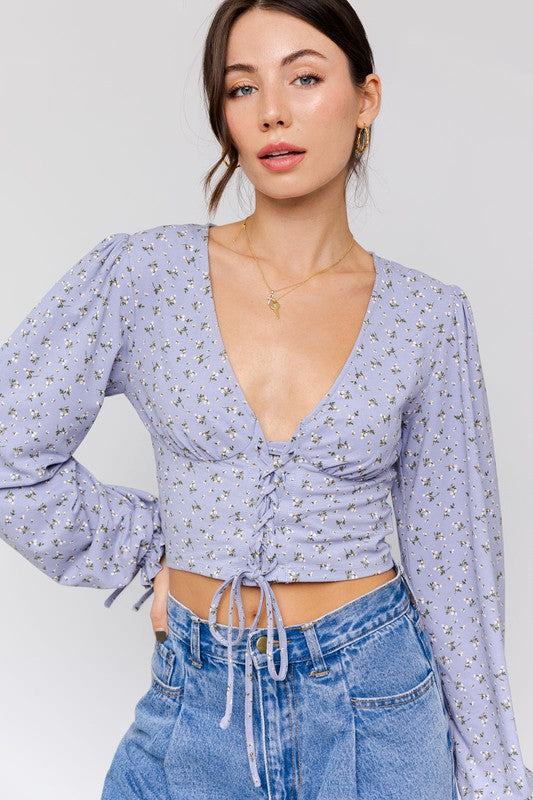 Puff Sleeve Lace-Up V-Neck Top - Southern Obsession Co. 