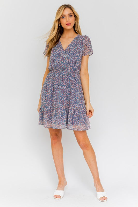 Puff Sleeve Faux Wrap Mini Dress With Ruffle - Southern Obsession Co. 