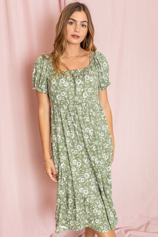 Floral Square Neck Puff Sleeve Boho Dress - Southern Obsession Co. 