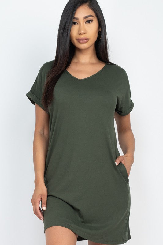 Short Cap Sleeve Pocket Mini T Shirt Dress