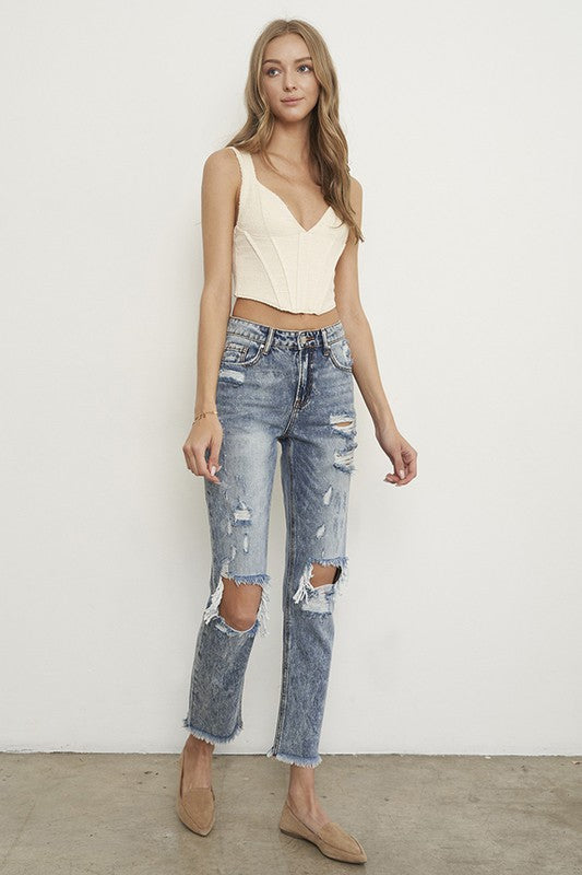 High Rise Ripped Frayed Hem Straight Jeans - Southern Obsession Co. 