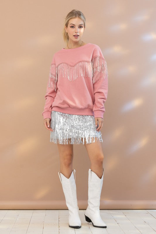 Rhinestone Fringe Pullover Top - Southern Obsession Co. 