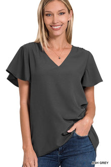  Woven Flutter Sleeve V-Neck Top - Southern Obsession Co. 