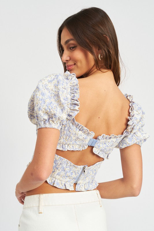 PRINTED PUFF SLEEVE CROP TOP - Southern Obsession Co. 