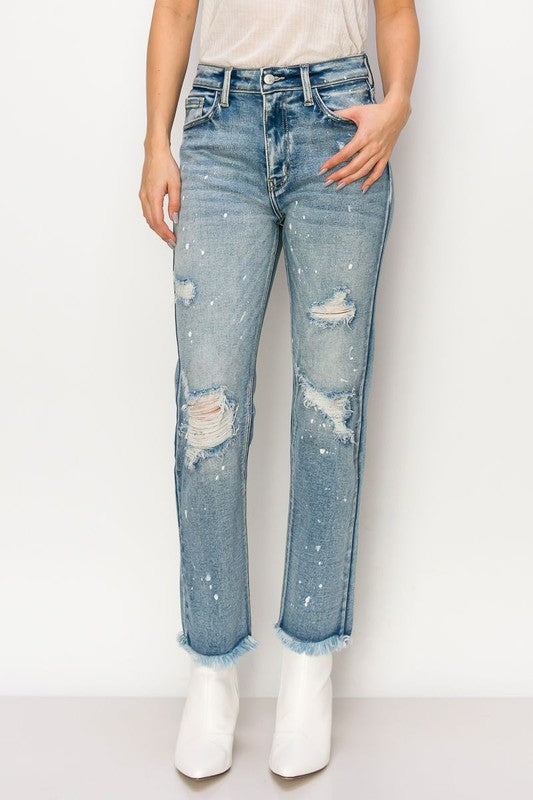 HIGH RISE DISTRESSED STRAIGHT WITH FRAY HEM JEANS - Southern Obsession Co. 