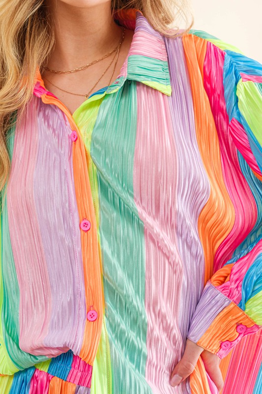 Press Pleated Rainbow Shirt with Matching Shorts - Southern Obsession Co. 