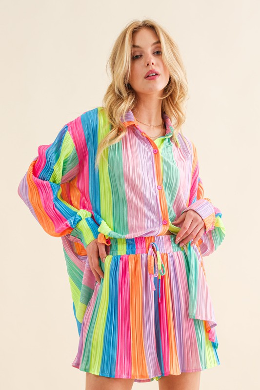 Press Pleated Rainbow Shirt with Matching Shorts - Southern Obsession Co. 