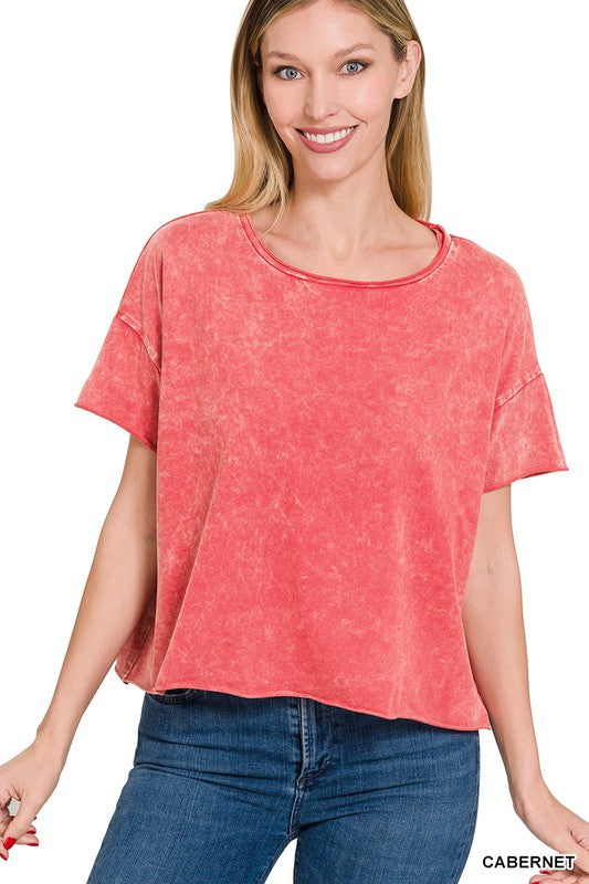 Acid Wash Raw Edge Short Sleeve Crop Top - Southern Obsession Co. 