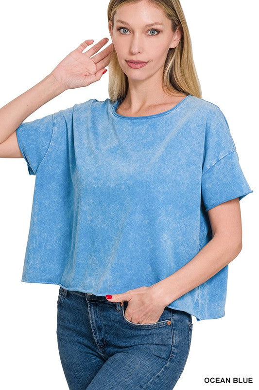 Acid Wash Raw Edge Short Sleeve Crop Top - Southern Obsession Co. 