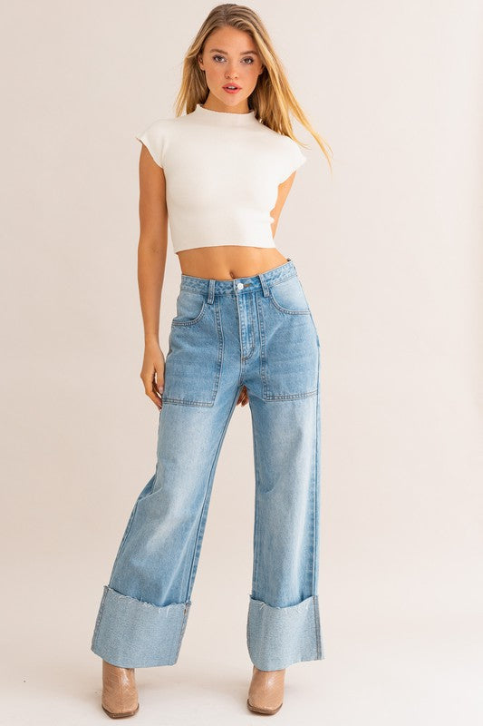 Wide Leg Cuffed Jeans - Southern Obsession Co. 
