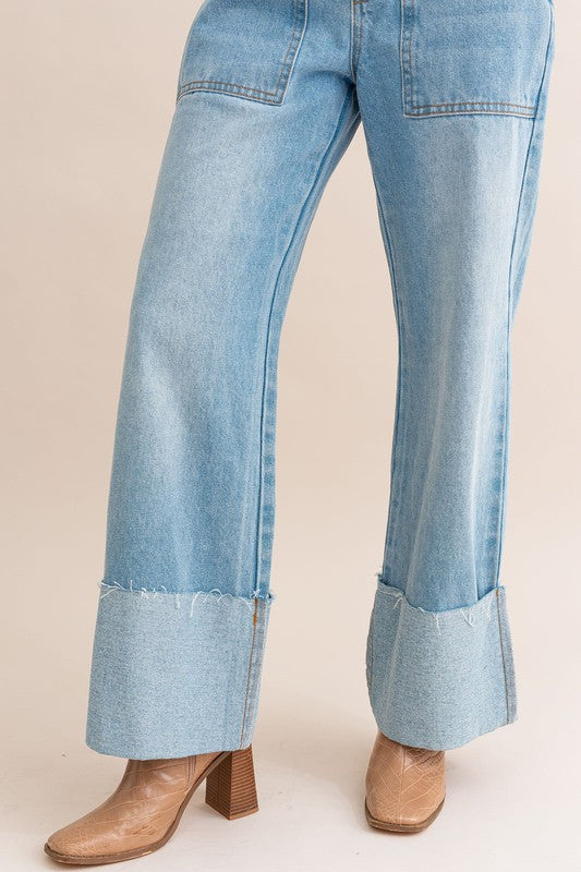 Wide Leg Cuffed Jeans - Southern Obsession Co. 