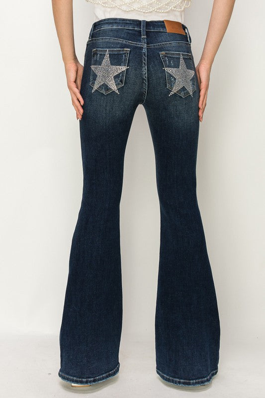 MID RISE FLARE STAR RHINESTONE ON POCKETS JEANS - Southern Obsession Co. 