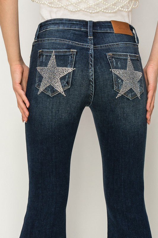 MID RISE FLARE STAR RHINESTONE ON POCKETS JEANS - Southern Obsession Co. 