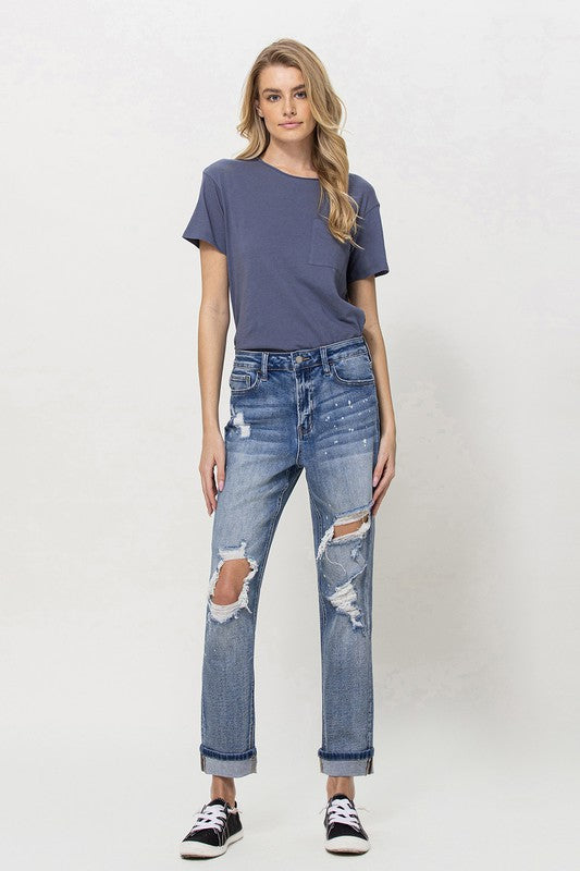 Stretch Mom Jeans w/ Spatter Detail and Cuff - Southern Obsession Co. 