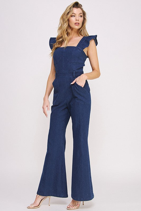 DENIM RUFFLE FLARE LEG JUMPSUIT - Southern Obsession Co. 