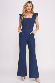  DENIM RUFFLE FLARE LEG JUMPSUIT - Southern Obsession Co. 