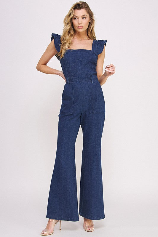 DENIM RUFFLE FLARE LEG JUMPSUIT - Southern Obsession Co. 