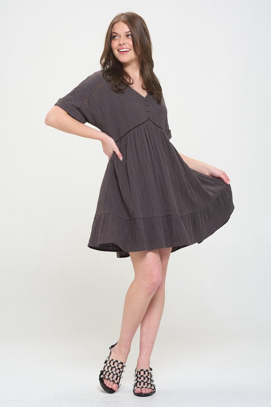 TEXTURED SHORT SLV BUTTON DOWN V-NECK SHORT DRESS - Southern Obsession Co. 