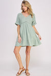 TEXTURED SHORT SLV BUTTON DOWN V-NECK SHORT DRESS - Southern Obsession Co. 
