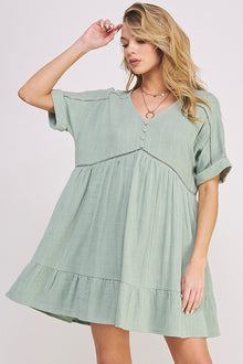  TEXTURED SHORT SLV BUTTON DOWN V-NECK SHORT DRESS - Southern Obsession Co. 