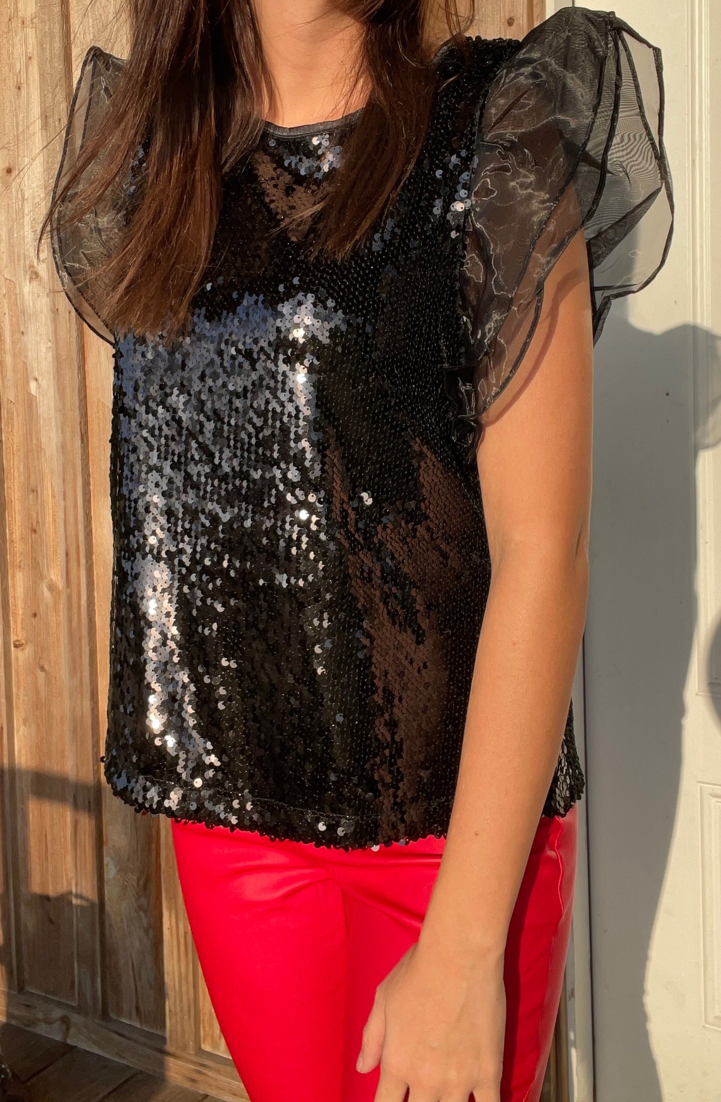 Sequin Ruffled Sleeve Top - Southern Obsession Co. 
