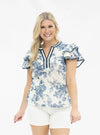 V-Neck Flutter Sleeve Top, Blue Floral