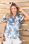 V-Neck Flutter Sleeve Top, Blue Floral