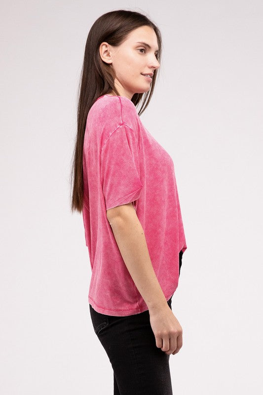 Washed Ribbed Round Neck Top - Southern Obsession Co. 
