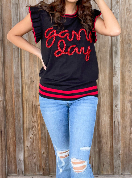 Black/Red Game Day Ruffled Sweater - Southern Obsession Co. 