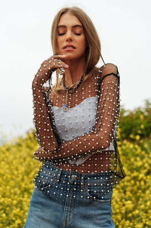 Bead and Pearl Emb. Mesh Top - Southern Obsession Co. 