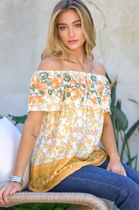 Printed Off Shoulder Smocked Top - Southern Obsession Co. 