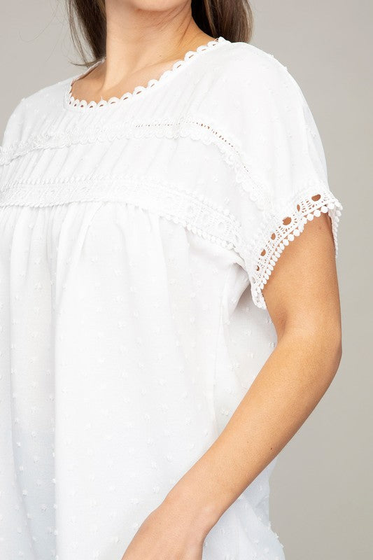 White Swiss Dot with lace trim blouses - Southern Obsession Co. 