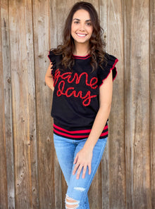  Black/Red Game Day Ruffled Sweater - Southern Obsession Co. 