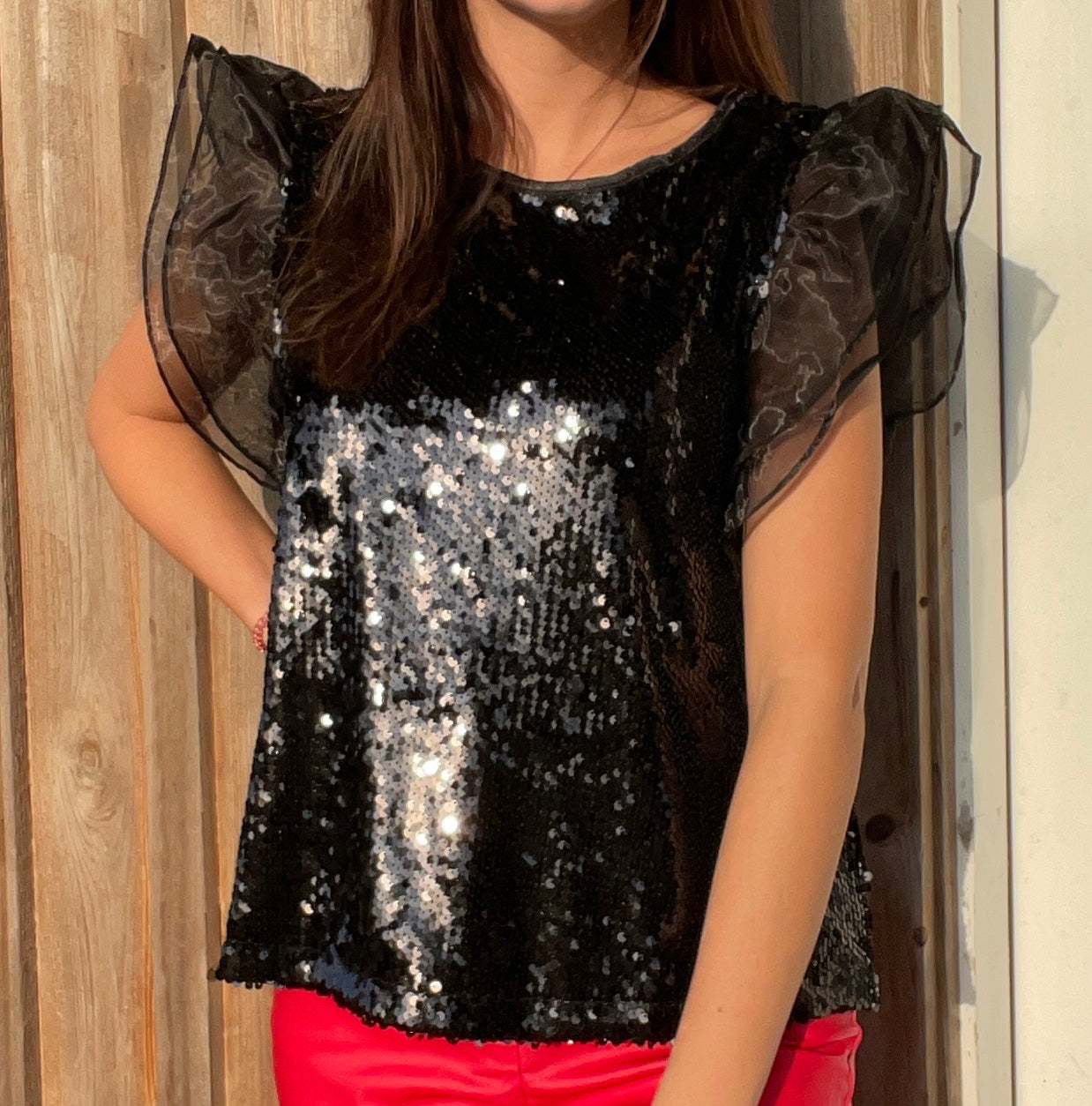 Sequin Ruffled Sleeve Top - Southern Obsession Co. 
