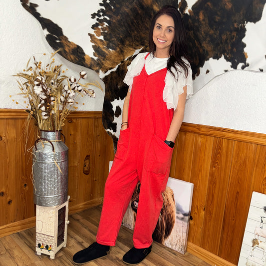 Red Oversized Jumpsuit - Southern Obsession Co. 