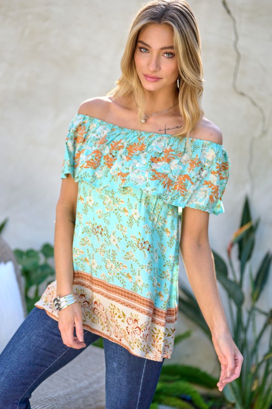 Printed Off Shoulder Smocked Top - Southern Obsession Co. 